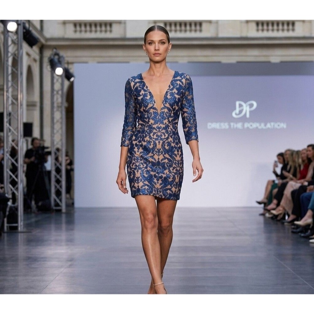 Dress the Population Claudia Illusion Lace Mini Dress Blue Medium Sequin